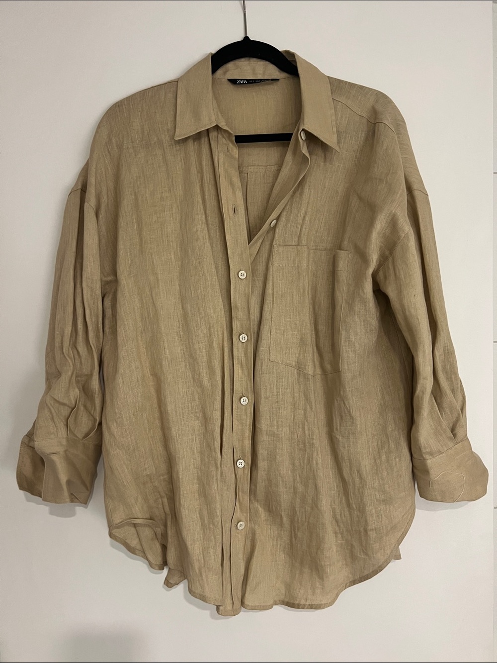Zara Light Beige Linen Button-Down Shirt